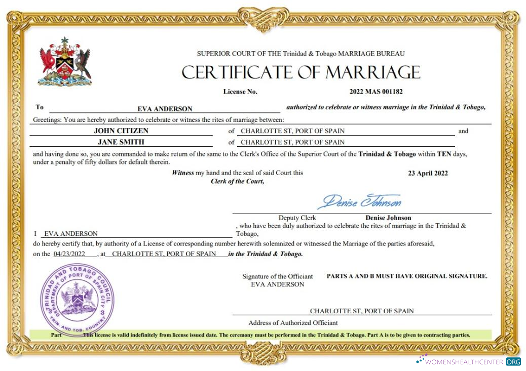 Download Trinidad and Tobago marriage certificate Word and PDF template Photoshop template
